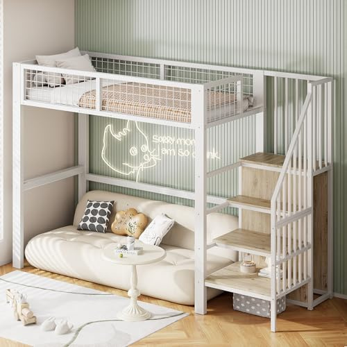 Dolamaní Hochbett Erwachsene und Jugendbett 90x200 cm mit Kleiner Schrank öffnen, Höhe 180 cm Metallbett mit Rausfallschutz, Bett mit Lattenrost, Weiß