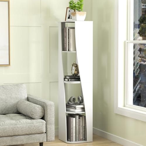 uyoyous 2 Stück Kleines Bücherregale, Abnehmbar 4 Etagen Bücherregale, 2 Etagen Klein Eck-Bücherregal Holz, Modernes Freistehendes Bücherbrett für Wohnzimmer, Zuhause, Büro, Schule, Weiß