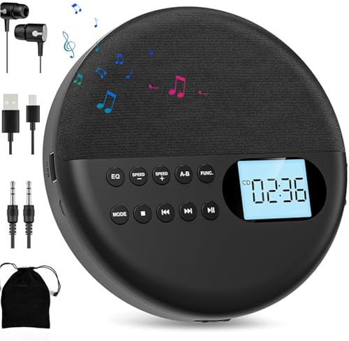 Lettore CD Bluetooth Portatile, Lettori CD Personali da 1500 mAh con Cuffie, Altoparlanti Doppi Stereo integrati, Display LCD, Lettore Musicale CD Walkman per casa Auto, Audiolibri per Bambini Black