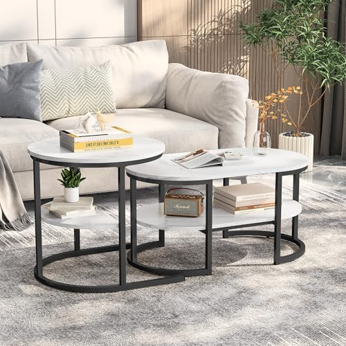 Générique Ensemble de 2 Tables Basses Rondes et ovales, Ensemble de Tables Basses Modernes, placage de marbre, Structure en métal, Table Basse pour Salon, Balcon et Bureau, Noir