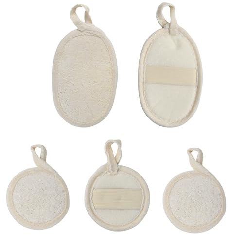 Viso Scrubber Esfoliante in Luffa con Fascia Elastica, Spugna Doccia di Luffa Naturale Tampone in Spugna di Loofah Organica, Luffa Éponge di Corpo Esfoliante per La Cura del Corpo del Bagno, SPA, 4 Pz