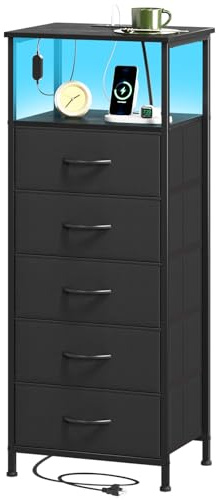 Somdot Tall Chest of Drawers for Bedroom with Charging Station and LED Light, 5 Drawers Storage Unit with 2 Outlets and 2 USB Ports for Kids Dorm Living Room Closet, Black | Fabric-Bin Dresser for Bedroom, Bedside, Kids Room, Dorm, Closet, Laundry and Entryway, Black