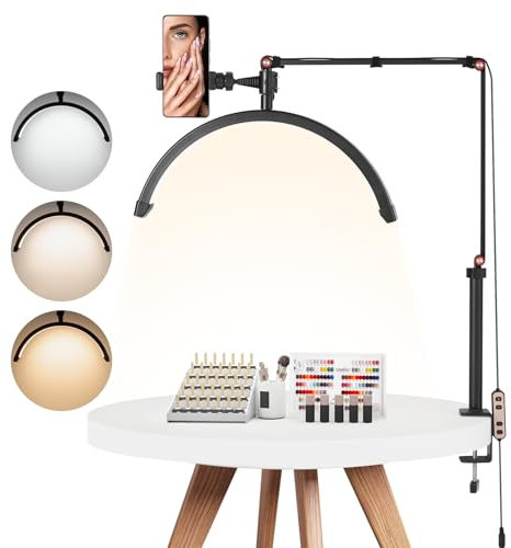 VEVOR Lampe d’Esthéticienne Demi-lune de Table, Lampe LED Arc pour Manucure Extension de Cils 20 W, Luminosité et Température de Couleur Réglables, avec Support de Téléphone, pour Beauté, Sourcils