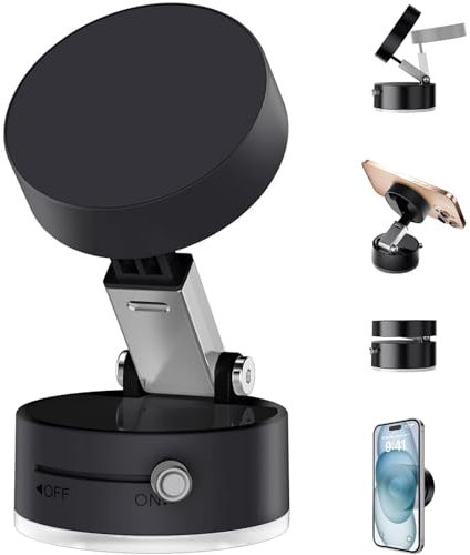 FiveMileBro Soporte Magnético para Teléfono con Succión al Vacío, Plegable, Retráctil y Ajustable 360°, Compatible con Todos los Teléfonos, Ideal para Coche y Hogar (Negro)