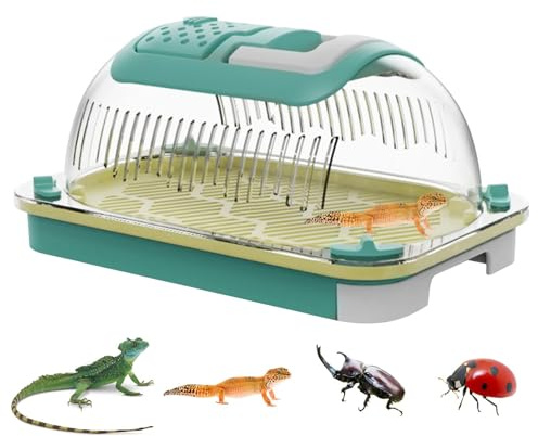 Cage de Transport Portable pour terrariums de Reptiles, mangeoire pour Petits Reptiles avec poignée et Plateau, Aquarium en Plastique Transparent pour Amphibiens, 19 x 12,5 x 9,5 cm