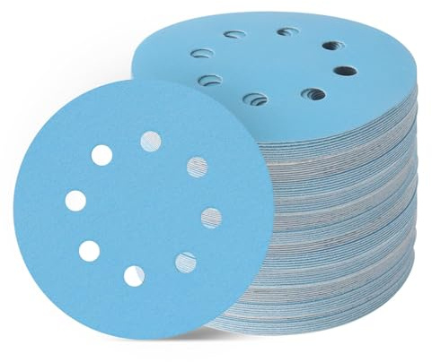 Lot de 50 disques abrasifs bleus à 8 trous - 125 mm - Grain 240 - En céramique - Sans poussière et durable - Pour le travail de l'automobile et du bois