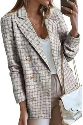 Veste en Tweed pour Femmes Veste de Costume en Tweed à Carreaux Ouverts sur Le Devant,Veste de Bureau Décontractée à Manches Longues,Manteau élégant