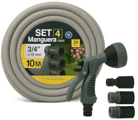 TECHZOCO Manguera de jardín, Manguera de agua riego, Fabricada en tela cruzada de poliéster, presión de rotura 20 bar, 4 Capas, Diámetro 3/4 (19 mm), Negra, Incluya Pistola, Longitud de 10 Metros