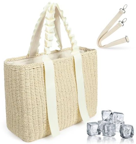 KUIRAN 14L Large Insulated Beach Cooler Bag with Removable Liner, Natural Corn Husk Straw Travel Tote for Women, Picnic Lunch Bag, Bride Wedding Gift