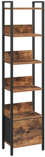 MAHANCRIS Bücherregal mit Schublade, Standregal, mit 6 Ebenen, 24 x 33 x 157,5 cm, Bücherschrank mit Metallrahmen, Organizer für Wohnzimmer, Arbeitszimmer oder Küche, Rustikales Braun ABKHR66101
