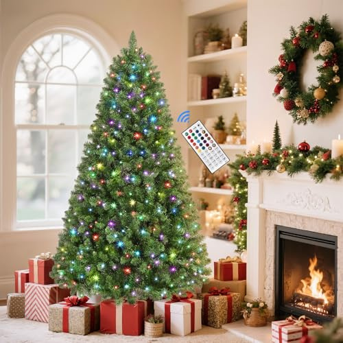 SHareconn 6ft Prelit Premium Artificial Hinged Full Christmas Tree with 240 Multi-Color RGB & Warm White Lights, 948 Branch Tips, Remote Control 6 Feet Pre-Lit Tree for Xmas Decoration, Green