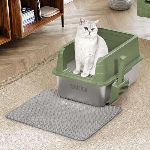 BAKAJI XL Öppen kattsandsbricka med stålbas med anti-sandpåse, skopa för samling, anti-smutsmatta, halkfri bas, kapacitet 25 liter, grön, 50 x 35 x 30 cm