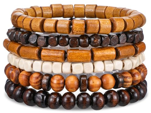 Telooco Wooden Mens Beaded Bracelets Adjustable Gothic Bracelet Elasticity Mens Bracelet Multi-Layer Detachable Beaded Bracelets for Men (Light Brown)