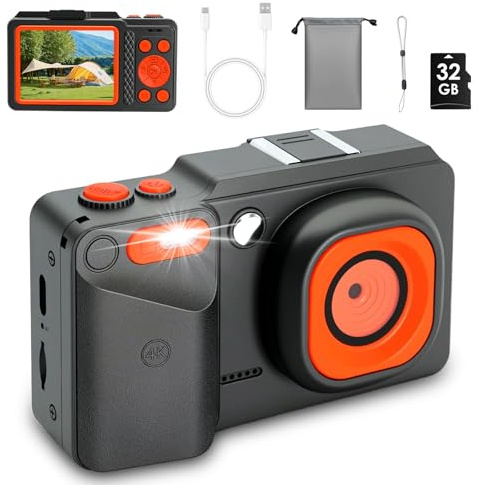 Digitalkamera 4K 72MP Kamera Fotokamera 32GB Karte, 16x Digitalzoom, 2,8-Zoll Kompaktkamera Digital Kamera für Vintage Digitalkamera für Kinder Teen Junge Mädchen 10-18 Jahre,Schwarz