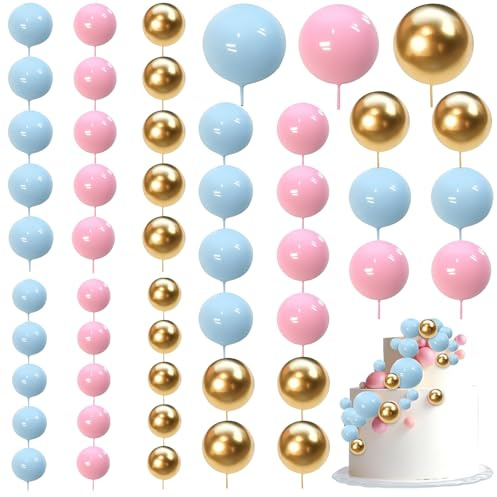 50PCS Balls Cake Topper Decorations, Cake Mini Balloons DIY Cake Toppers Sticks Insert Decoration for Wedding Anniversary Birthday Party Supplies (Blue, Gold, Pink)