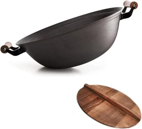 Padella Wok Antiaderente in ghisa binaurale, Padella con Fondo Spesso e Rotondo Non Rivestita con Coperchio in Legno, ghisa, Non arrugginisce Facilmente, Nera, (40cm)