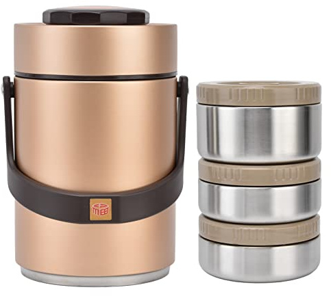 Fyearfly Boîte à déjeuner en acier inoxydable de 2000 ml, récipient isotherme portable à 3 couches, doré, garde les aliments au chaud, design étanche
