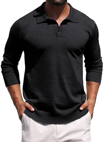 Hisir Polo para hombre, jersey de punto, jersey de punto, polo de manga larga, suéter con cuello de polo, básico, monocolor, para negocios, otoño e invierno, Negro , L