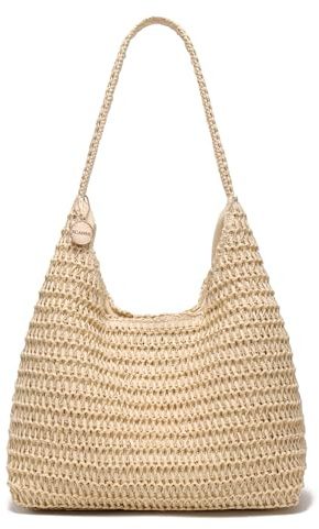 SUANNI Beige Straw Beach Bag for women, Woven Tote Hobo Bags, Lightweight Casual Boho Summer Shoulder Handbag, Packable Mesh Everyday Purse for Holiday Shopping Travel