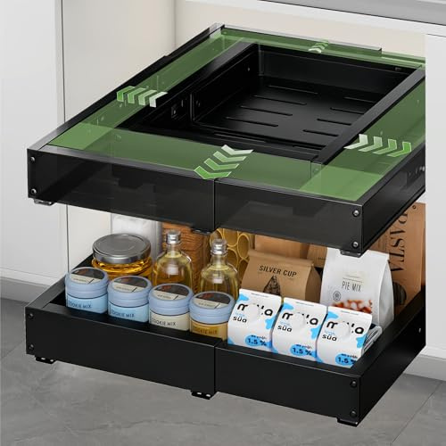 KiwiPower Teleskopschublade ausziehbar, 2 Stück, Schwarz | Verstellbar 29–48 cm Breite, 41,5–55 cm Tiefe, Küche & Schrank Organizer, Stabil