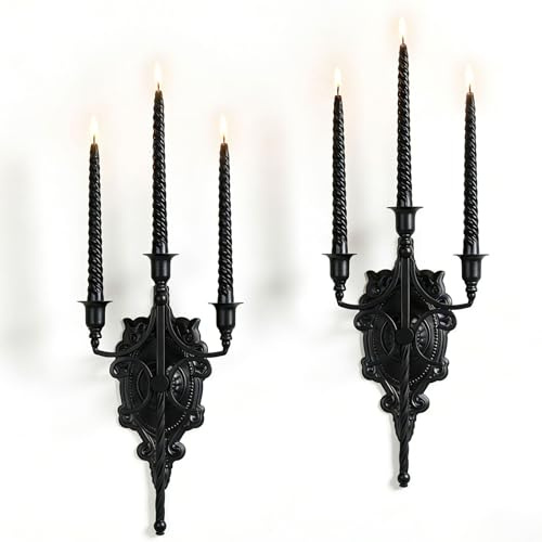 Vsosfiza 3-Arm Gothic Iron Candle Holders 2 Pack,Wall Mounted Sconces with 6 Taper Candle Cups, Victorian Textured Backplate & Fleur-de-lis Bracket, Medieval Church Dark Academia Home Decor