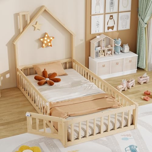 Yrxin Cama infantil 90 x 200 cm, forma de chimenea, cama de casa con protección anticaída y somier, valla abierta, cama Montessori, madera de pino, sin colchón (natural)
