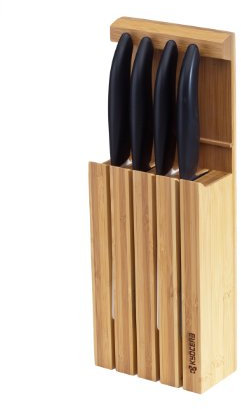 Kyocera Keramikmesser Set- 4 Messer Griff schwarz + Messerblock + Schneidunterlage in Weihnachts-Geschenkverpackung