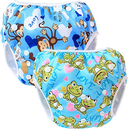 Teamoy 2pcs Baby Nappy riutilizzabile pannolino da nuoto, Monkeys Blue+ Frogs