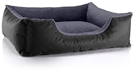 BedDog Hundebett Teddy, Hundesofa aus Cordura und Microfaser-Velours, waschbares Hundebett mit Rand, Hundekissen Vier-eckig, für drinnen, draußen, Größe L, schwarz-grau