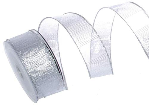 Organzaband Glamour-Stripes - Silber - mit Drahtkante - Weihnachten - Schleifenband - Dekoband - ca. 40 mm Breite - 10 m Länge - 93134-40-10-10