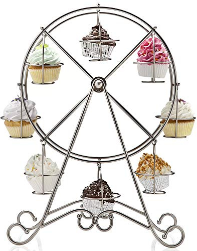 Bakaji Alzata Stand Porta Cupcake Muffin Forma Ruota Panoramica 8 Posti in Metallo Alzatina Porta Dolci Silver