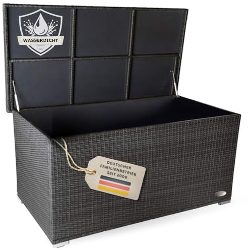 RS Trade Auflagenbox wasserdicht XXL, Gartenbox, Aufbewahrungsbox Garten, Kissenbox Outdoor, Gartentruhe, große Gartenkiste für Polster, wetterfeste Garten-Aufbewahrung, Polyrattan, 950l, Silber