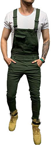 Fansu Peto Jeans Monos Hombres, Denim Jeans Bib Overoles Pantalón Vaqueros de Mono para Hombre Pantalones de Bolsillo Rotos Mezclilla Jumpsuit Casual (L,verde)