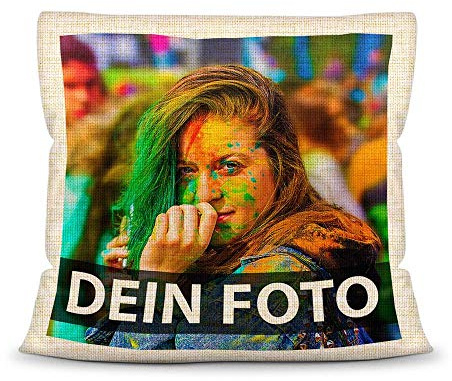 Tassendruck Foto-Kissen Selbst gestalten aus Leinen in Naturfarbe (40 x 40 cm)- mit Foto individuell Bedruckt/aus 100% Polyester/Personalisierte Geschenk-Idee/Kopf-Kissen inkl. Füllung