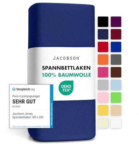 Jacobson Jersey Spannbettlaken Spannbetttuch Baumwolle Bettlaken (90x200-100x200 cm, Royal Blau)