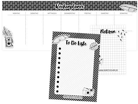 Papierdrachen 3 Schreibblöcke für Wochenplaner, Notizen und To Do Liste - Tagesplaner Schwarz-weiß - Ideal für Schule, Arbeit, Uni und Haushalt - 10,5 x 29,7 cm | DIN A6 | DIN A7