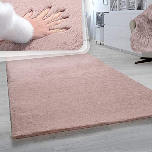 Paco Home Hochflor Teppich Für Wohnzimmer Softes Kaninchenfell Imitat Kunstfell In Rosa, Grösse:150x170 cm Oval