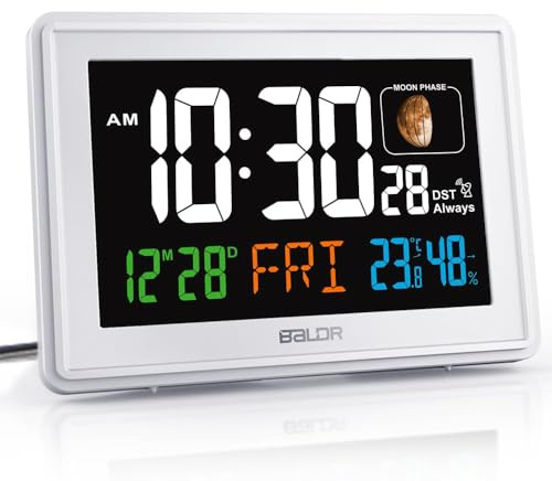 Baldr Atomic Clocks for Bedrooms Digital Large Display - White - Desk Clock with Temperature Indoor and Humidity, Night Stand Clock, Moon Phase Clock, Alarm Clocks for Living Room, Digital Clock Wall