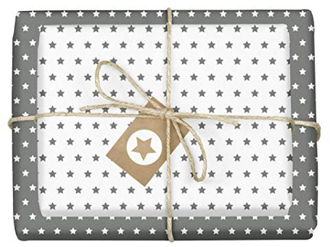 dabelino® Geschenkpapier Set Sterne (grau/weiß): 4x Bögen + 4x Anhänger (Öko Recycling-Papier, nachhaltig, Weihnachten, Geburtstag, zur Geburt Baby Junge Mädchen, für jeden Anlass)