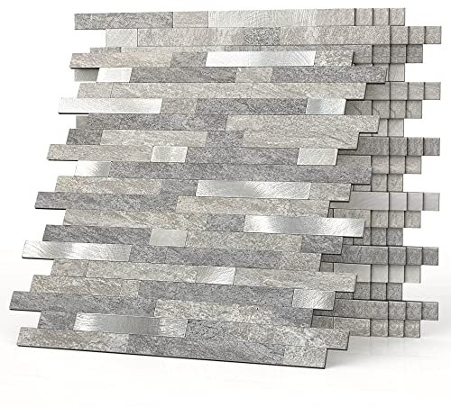 BeNice 3D Marble Tile Stickers for Kitchen Splashback Panels Waterproof,Shower Wall Tiles Self-Adhesive Bathroom Stone Effect Backsplash Matte Grey Stick on Tiles for Fireplace (Brick,10Sheets)