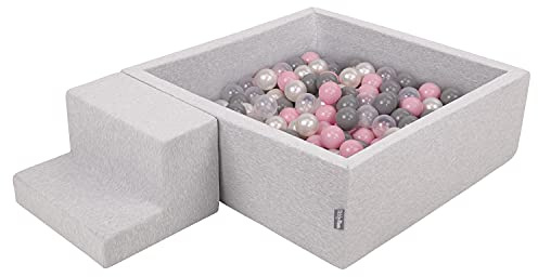 KiddyMoon Parque Infantil De Espuma con Cuadrada Piscina De Bolas (200 Bolas) para Niños, Gris Claro: Perla/Gris/Transparente/Rosa Clr