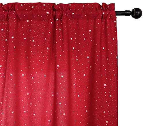 GIRASOLE HOME® Coppia Tende Semi Oscuranti Fantasia Stelline Argentate Tenda per Soggiorno Camera Cameretta Cucina e Interni 2 Pannelli con Tasca (Rosso, 70x148cm)