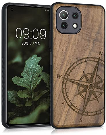 kwmobile Hülle kompatibel mit Xiaomi 11 Lite (5G) NE/Mi 11 Lite (5G) Hülle - Holz Case - Handy Cover - TPU Handyhülle in Dunkelbraun Kompass Vintage