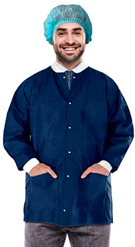EZGOODZ Disposable Lab Jacket, 31 Inches Long. Pack of 10 True Blue Hip-Length Workwear Large. SMS 50 gsm Disposable Shirts with Snaps Front, Knit Cuffs & Collar, 3 Pockets. Unisex PPE Coat