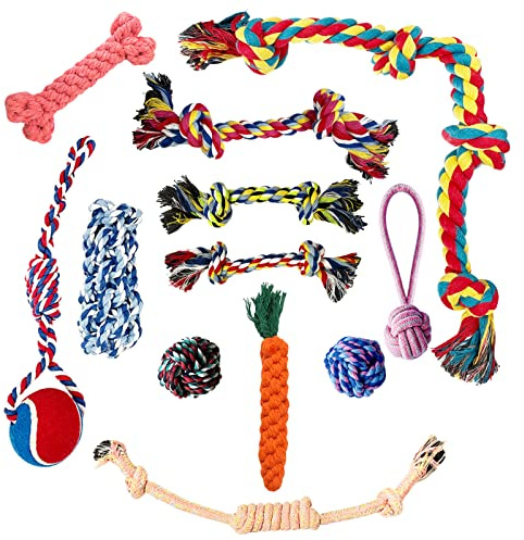 SHCNSJC Hundespielzeug Set 12 Stück Zähneputzen Kauspielzeug aus Baumwolle für kleine&mittelgroße Hunde unzerstörbar interaktiv robuster Ball an Seilen robuste Zähne Kauen