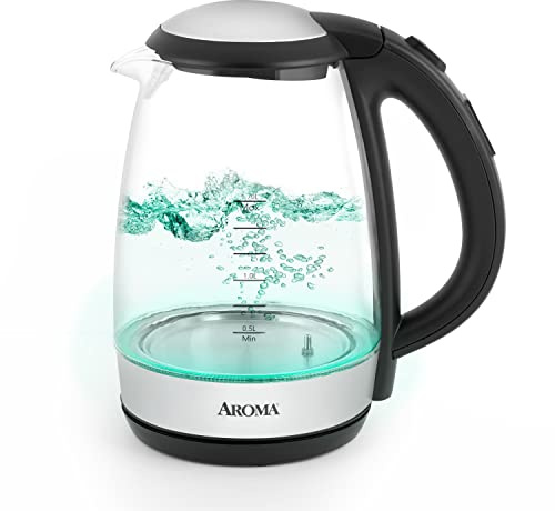 Aroma Housewares 7-Cup Digital Glass Electric Kettle with Cordless Pouring, One-Touch Operation, Automatic Shut-off (AWK-162BD), Transparent Glass, 1.7 Liter
