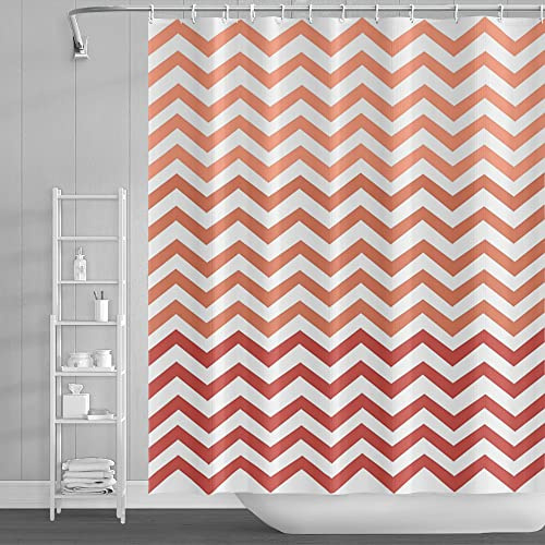 SDOTPMT 180x198cm Tenda da Doccia Onda Banda Rosso Bianco Gradiente Orizzontale Ondulato Zigzag Bagno Astratto Geometrico per Bambini Poliestere con Ganci