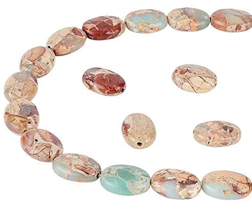 NBEADS ca. 29 Stück Flache Ovale Steinperlen, 14x10 mm Flache Ovale Edelsteinperlen Kristall Lose Steinperlen Aqua Terra Jaspis Perlen Für DIY Armband Halsketten Schmuckherstellung
