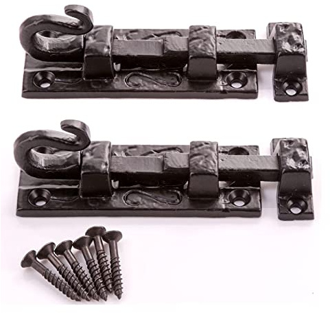 Türriegel aus Gusseisen, antik, schwarz, 75 mm, Gusseisen, verzierte Türschrauben, Schiebetorriegel, Schlafzimmerriegel, Türriegel, robuster Zylinderbolzen mit passenden Schrauben, 2 Stück