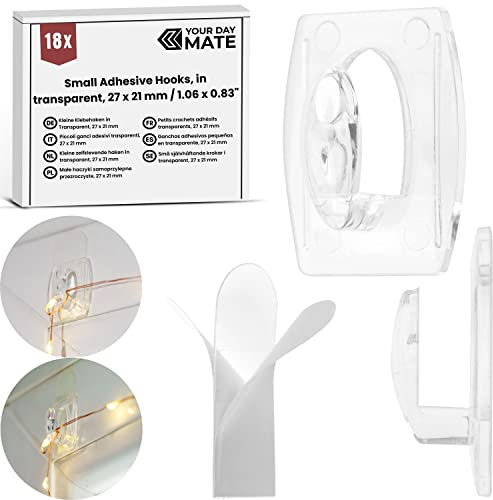 Kleine Klebehaken, 18 Pack, Transparent, 27 x 21 mm, Haken für Lichterkette, Dekoration, Kabel, Aufhänger Licht, selbstklebende Kabel Clips, Minihaken, Befestigungsclips klar, Wandhaken durchsichtig